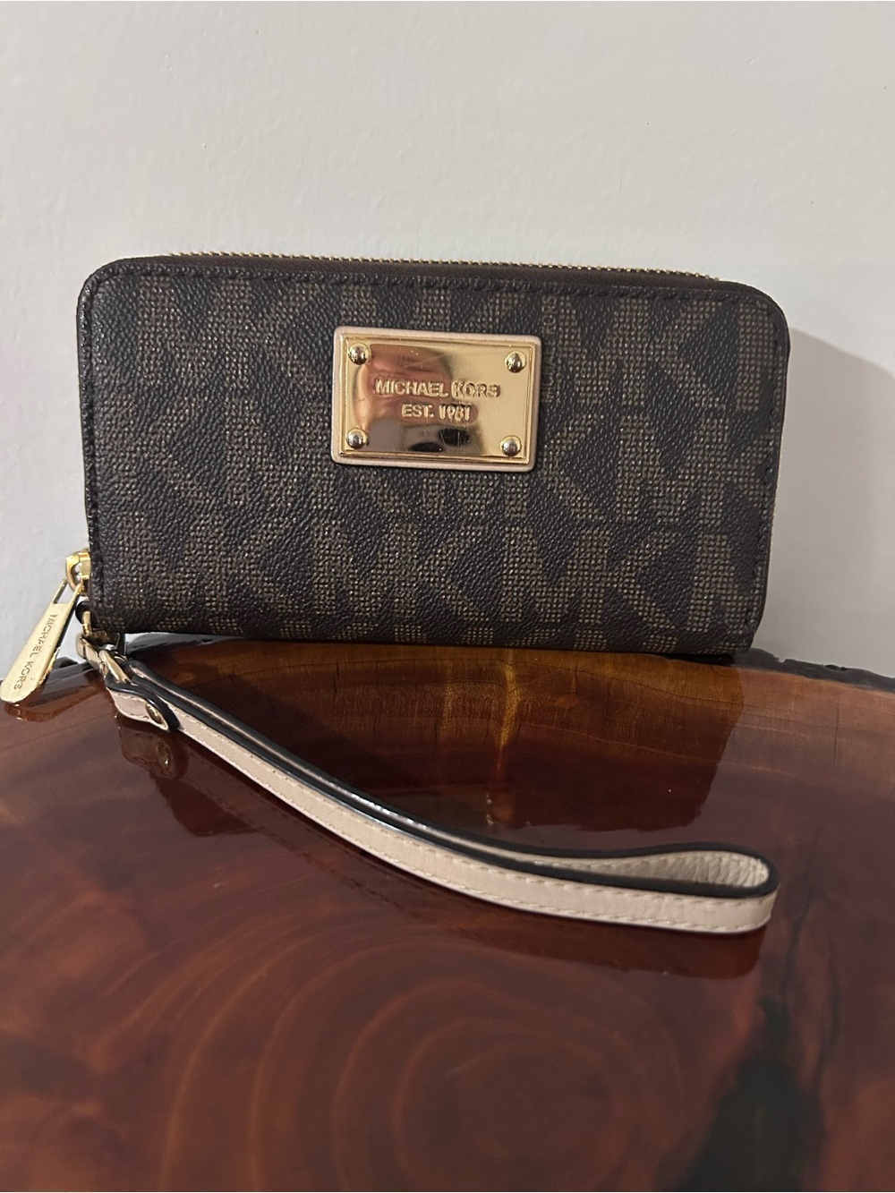 Michael Kors Dark Brown Logo Wristlet with Gold Plate